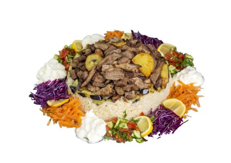 Photo for Middle Eastern food culture, Turkish cuisine; type of pilaf, pilaf with meat and vegetables, Turkish name; Maklube - Royalty Free Image