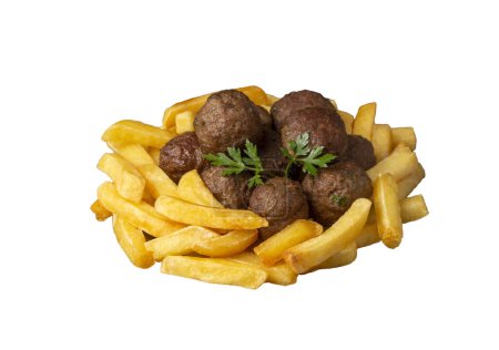 Téléchargez les photos : Boulettes rondes de boulettes de viande sèches et frites. Nom turc ; kuru kofte ve patates - en image libre de droit