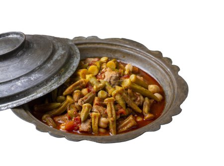 Photo for Bamya, Turkish traditional food. (Turkish cuisine) Homemade Food Okra in Plate. Organic Food. - Royalty Free Image