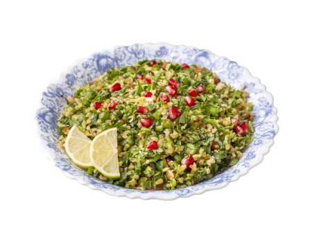Photo for Traditional Lebanese salad tabouli tabule with quinoa, herbs, tomatoes, mint and lemon. - Royalty Free Image