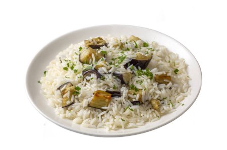 Photo for Traditional Turkish food; Eggplant rice pilaf. Turkish name; Patlicanli pirinc pilavi - Royalty Free Image