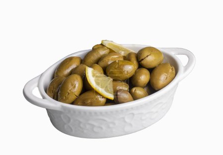 Photo for Cracked green olives. Cracked green olives with lemon. Turkish style olive (Turkish name; kirma zeytin) - Royalty Free Image
