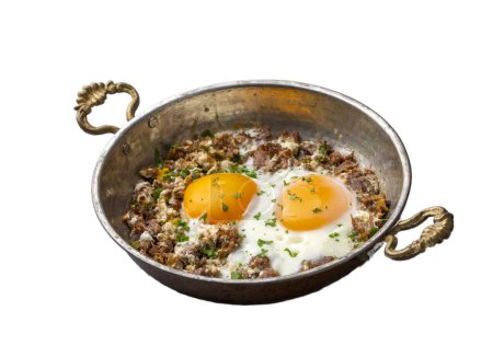 Photo for From traditional Turkish cuisine; fried eggs with meat. Turkish name; kavurmali yumurta - Royalty Free Image