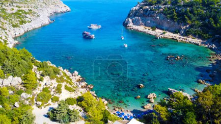 Ladiko beach and Anthony Quinn Bay aerial panoramic view in Rhodes island in Greece. Drone photography.
