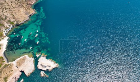 Téléchargez les photos : Siren rocks in Greek mythology, a creature half bird and half woman who lured sailors to destruction by the sweetness of her song at Phokaia (Foca ), izmir, Turkey. Aerial photography with drone - en image libre de droit