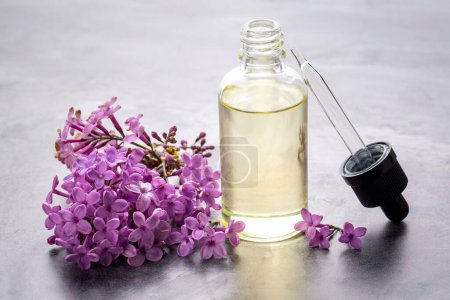 Foto de Aceite esencial de lila. Aceite de spa con flores lila. Botella con aceite aromático y flores lila - Imagen libre de derechos