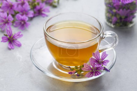 Photo for Mallow herb (Malva Vulgaris) mallow flower tea in cup. - Royalty Free Image