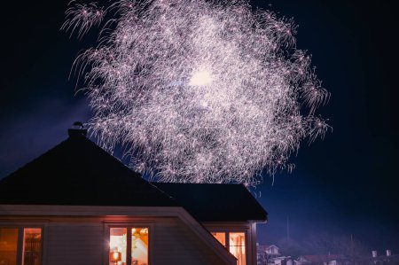 Téléchargez les photos : New year eve fireworks above the houses. - en image libre de droit