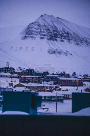 Photo for Norway landscape ice nature of the city view of Spitsbergen Longyearbyen . Winter  polar night on Svalbard - Royalty Free Image