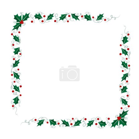 Illustration for Christmas rectangular frame with holly leaves, border of Christmas thorns with branches and berries - Royalty Free Image