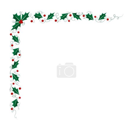Illustration for Christmas corner border with branches and berries, Christmas frame with holly leaves, - Royalty Free Image