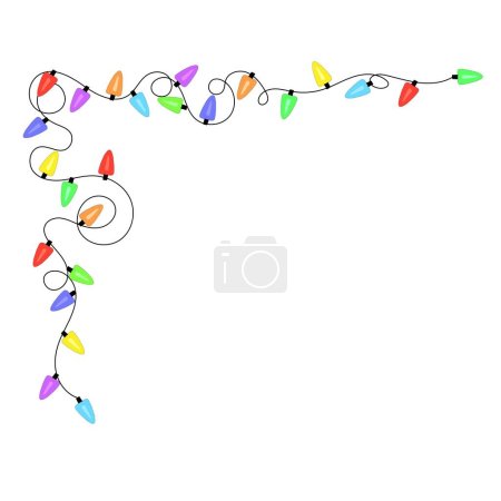 Illustration for Christmas corner border of Christmas garland, frame of Christmas colored lights garland - Royalty Free Image