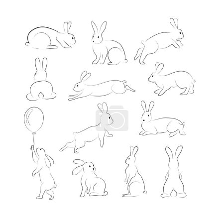 big set of rabbits outline line art isolated on white background, hares in different poses for 2023 design