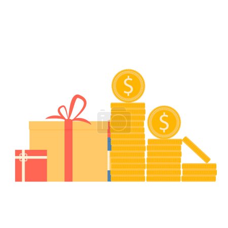 Money prize, pile of gifts and stack golden coins. Vector illustration. Banking win prize, golden cartoon coins, dollar symbol, payment element, lucky concept, present chest, metal goldy jackpot