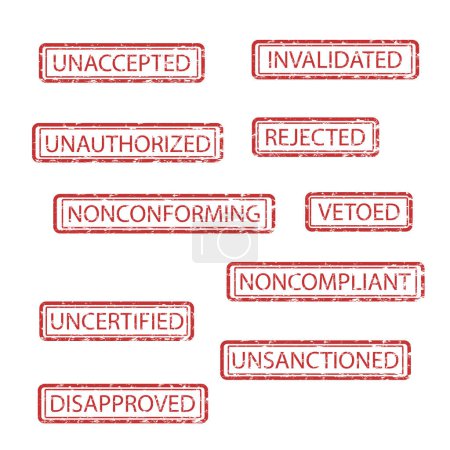 Illustration for Rubber stamps of rejection and cancelled collection. Vector illustration. Disapproved stamps, retro grunge texture, red ink concept, bureaucracy typography, administrative marks, cancelled collection - Royalty Free Image