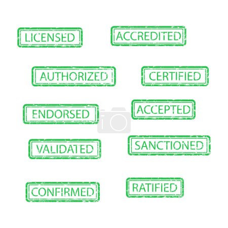 Illustration for Rubber stamp affirmative accepted licensed and confirmed ratified. Vecor illustration. Green ink, right mark, okay assent, validaiting sign, verefying signing, ratitfication rubber stamp - Royalty Free Image