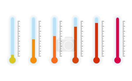 Ilustración de Colección de termómetros con animación de alta temperatura, caliente y más caliente. Ilustración vectorial. Escala de termómetro, concepto de temperatura diferente, control de mercurio, instrumento médico o meteorológico - Imagen libre de derechos