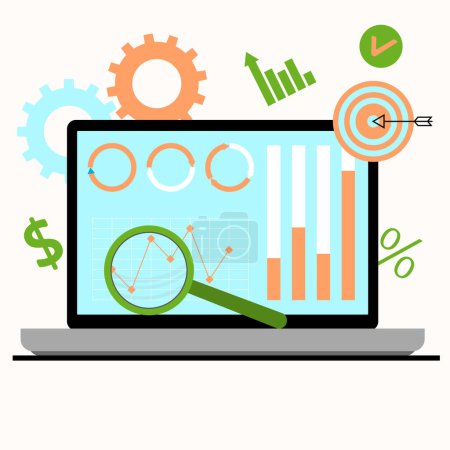 Illustration for Work place of business analyst, chart and graphic on laptop. Vector illustration. Web finanace statistics, computer teamwork, business professional planning, workplace chart, business analyst - Royalty Free Image
