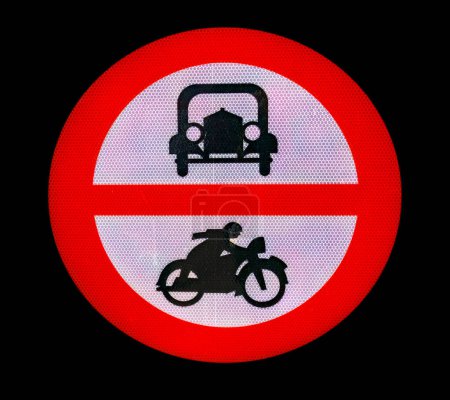 Photo for Traffic signs forbidden passage for cars and motorcycles on black background, old symbols - Royalty Free Image