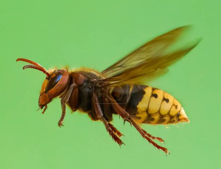 Close-up view of live European hornet Vespa crabro-the largest eusocial wasp native to Europe and the only true hornet found in North America, introduced there in the 1800s.