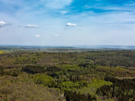 Foto de Una vista aérea de un vibrante paisaje natural verde con un cielo azul claro, con exuberantes praderas y un horizonte lleno de nubes de cúmulos esponjosas - Imagen libre de derechos