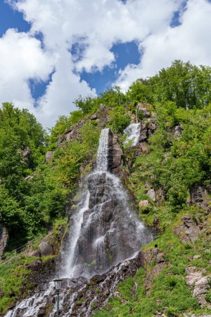A picturesque waterfall cascades down a hill among lush trees, creating a stunning natural landscape with water glistening in the sunlight