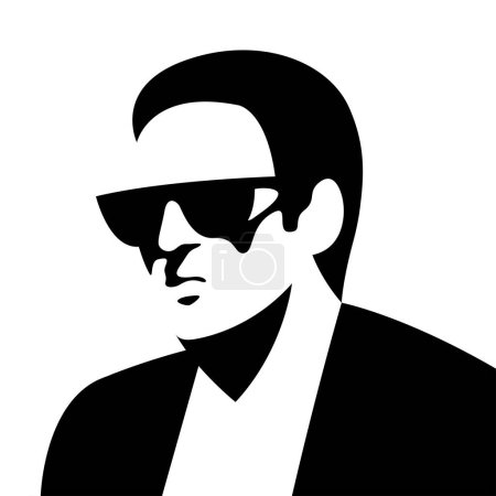 Illustration for Vector black and white light and shadow isolated illustration of male face shaped by shadow. a stern man in sunglasses in a jacket. useful for men products advertising, logo, print, poster, design. - Royalty Free Image