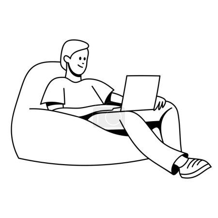 Illustration for Vector trendy linear illustration of a young guy working or playing at a laptop while sitting on a large pouffe chair. open office, workspace, coworking. useful for graphic and web design, print, card - Royalty Free Image