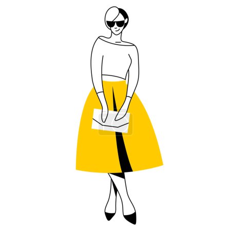 Illustration for Vector flat design trendy linear illustration beautiful stylish woman in long midi skirt. street style, fashion. useful for web, graphic design, print, clothing stores, postcard, poster. 2d people. - Royalty Free Image