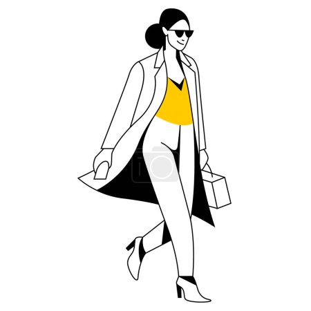 Ilustración de Vector de diseño plano imagen lineal de moda mujer elegante en abrigo de otoño caminando por la calle. Estilo callejero, moda. útil para web, diseño gráfico, impresión, tiendas de ropa, tarjeta, póster. 2d personas. - Imagen libre de derechos