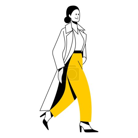Ilustración de Vector plano diseño lineal imagen mujer con estilo en otoño o invierno ropa caliente caminando por la calle. Estilo callejero, moda. aislado sobre fondo blanco. útil para web, diseño gráfico, impresión - Imagen libre de derechos