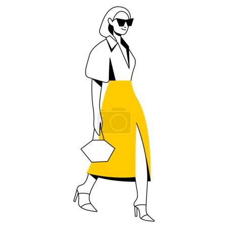 Illustration for Vector flat design trendy linear illustration beautiful stylish woman in long midi skirt. street style, fashion. useful for web, graphic design, print, clothing stores, postcard, poster. 2d people. - Royalty Free Image