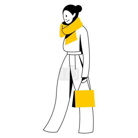 Ilustración de Vector imagen lineal de moda de una hermosa chica elegante en ropa de moda caminando por la calle. Estilo callejero, moda. útil para el dibujo arquitectónico, diseño industrial, web, diseño gráfico - Imagen libre de derechos