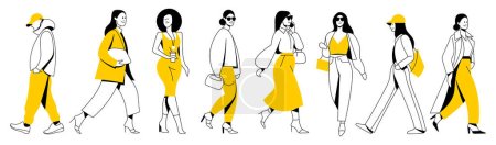 Ilustración de Vector set. group of different minimalistic linear people with bright yellow accents in trendy flat design style. useful for web, graphic design, print, mobile applications, flyers, brochures, banners - Imagen libre de derechos