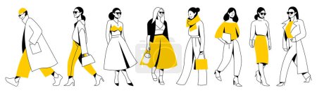 Ilustración de Vector set. group of different minimalistic linear people with bright yellow accents in trendy flat design style. useful for web, graphic design, print, mobile applications, flyers, brochures, banners - Imagen libre de derechos