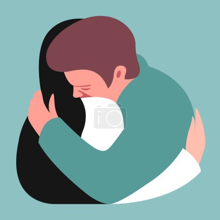 Ilustración de Vector stylized illustration of two hugging people in love in a pastel trendy color palette. useful for Valentine's Day card or International Hug Day, flyers, posters, banners, declarations of love - Imagen libre de derechos