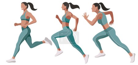 Illustration for Vector set images of a beautiful slender girl in a sports uniform (leggings and a sports bra) is engaged in fitness, sports, trains isolated on a white background. woman runs. morning run. jogging. - Royalty Free Image