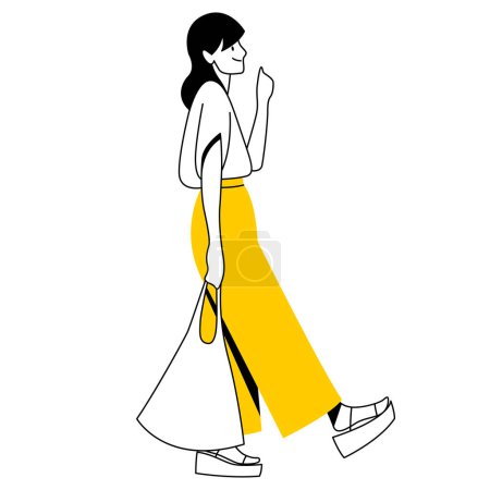 Illustration for Vector trendy linear image of a beautiful stylish girl in fashionable clothes walking down the street. street style, fashion. useful for architectural drawing, industrial design, web, graphic design - Royalty Free Image