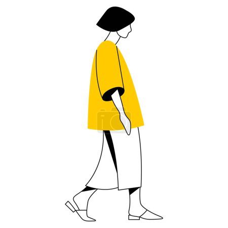 Illustration for Vector trendy linear image of a beautiful stylish girl in fashionable clothes walking down the street. street style, fashion. useful for architectural drawing, industrial design, web, graphic design - Royalty Free Image