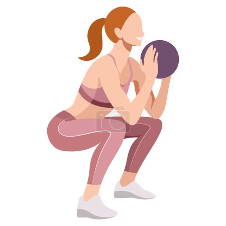 Téléchargez les illustrations : Vector image of a girl in a sports uniform (leggings and a sports bra) is engaged in fitness, sports, training. girl squats, does lunges, trains her legs and buttocks. isolated on a white background. - en licence libre de droit