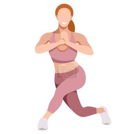 Illustration for Vector image of a girl in a sports uniform (leggings and a sports bra) is engaged in fitness, sports, training. girl squats, does lunges, trains her legs and buttocks. isolated on a white background. - Royalty Free Image