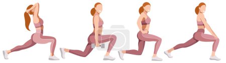vector set of images of beautiful girls in a sports uniform (leggings and a sports bra) is engaged in fitness, sports, isolated on a white background. women squat, do lunges, train legs and buttocks.