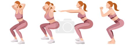 Illustration for Vector set of images of beautiful girls in a sports uniform (leggings and a sports bra) is engaged in fitness, sports, isolated on a white background. women squat, do lunges, train legs and buttocks. - Royalty Free Image