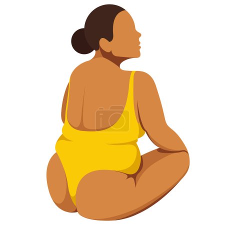 Ilustración de Vector image on the theme of body positivity. a curvy plump girl sits in yellow underwear and is not shy by belly rolls and the fat folds on her body. isolated on white background. love your body. - Imagen libre de derechos