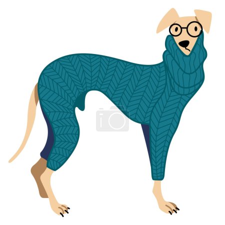 Illustration for Vector cartoon illustration of funny cute dog in knitted blue sweater and glasses isolated on white background. useful for pet shops, dog clothes, dog products, dog courses, dog food, kennel clubs. - Royalty Free Image