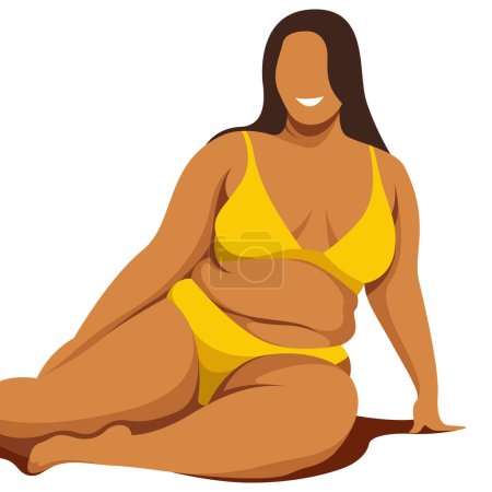 Ilustración de Vector image on the theme of body positivity. a curvy plump girl sits in yellow underwear and is not shy by belly rolls and the fat folds on her body. isolated on white background. love your body. - Imagen libre de derechos