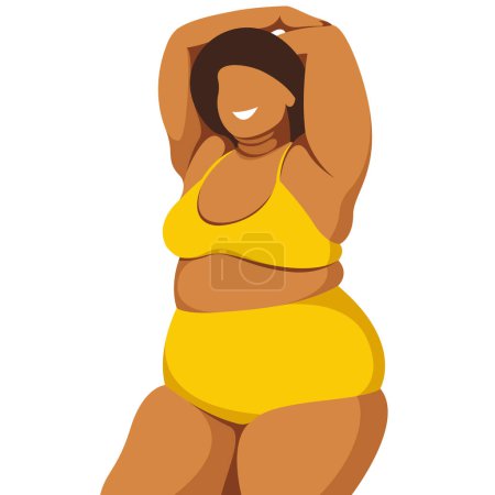 vector image on the theme of body positivity. a young curvy plump girl stands and is not shy about her fat folds at the waist. isolated on white background. love and accept your body. love yourself.