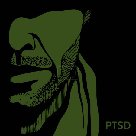 Illustration for Vector hand drawn silhouette of soldier head with helmet shadow. war veteran has depression, mental health and emotional problems, post-traumatic stress disorder. veterans rehabilitation. PTSD - Royalty Free Image