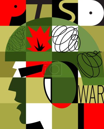 Illustration for Vector fragmentary camouflage profile of a soldier in a helmet. PTSD. contusions in a war veteran, depression, mental and emotional problems, post-traumatic stress disorder, rehabilitation of veterans - Royalty Free Image