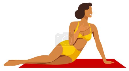 Téléchargez les illustrations : Illustration vectorielle sur le thème des vacances d'été. belle jeune fille bronzée en maillot de bain jaune bains de soleil sur la plage. utiles pour la publicité vacances d'été, stations balnéaires, hôtels, plages, imprimer - en licence libre de droit